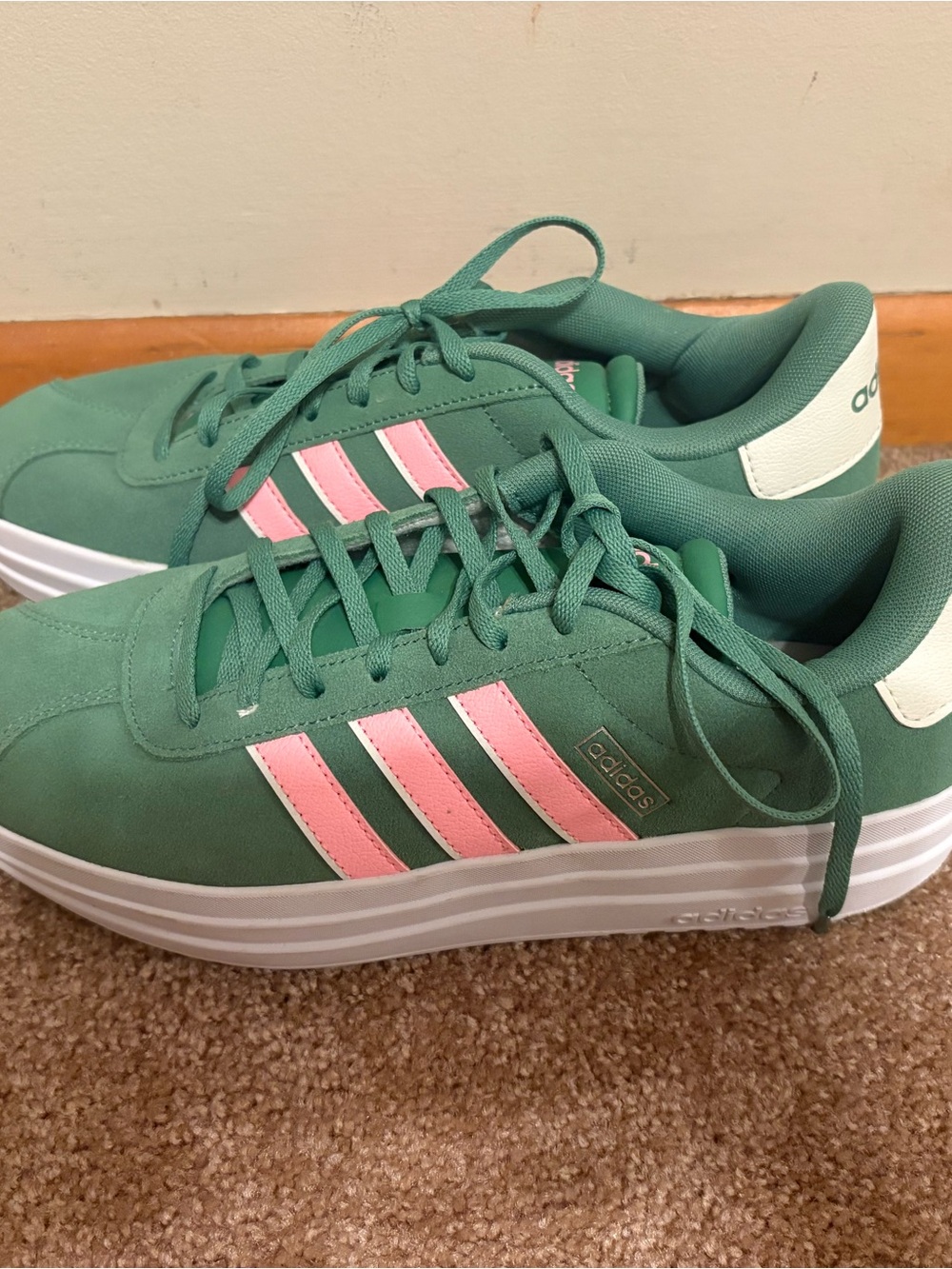 adidas Women's Green Sneakers with Pink Stripes